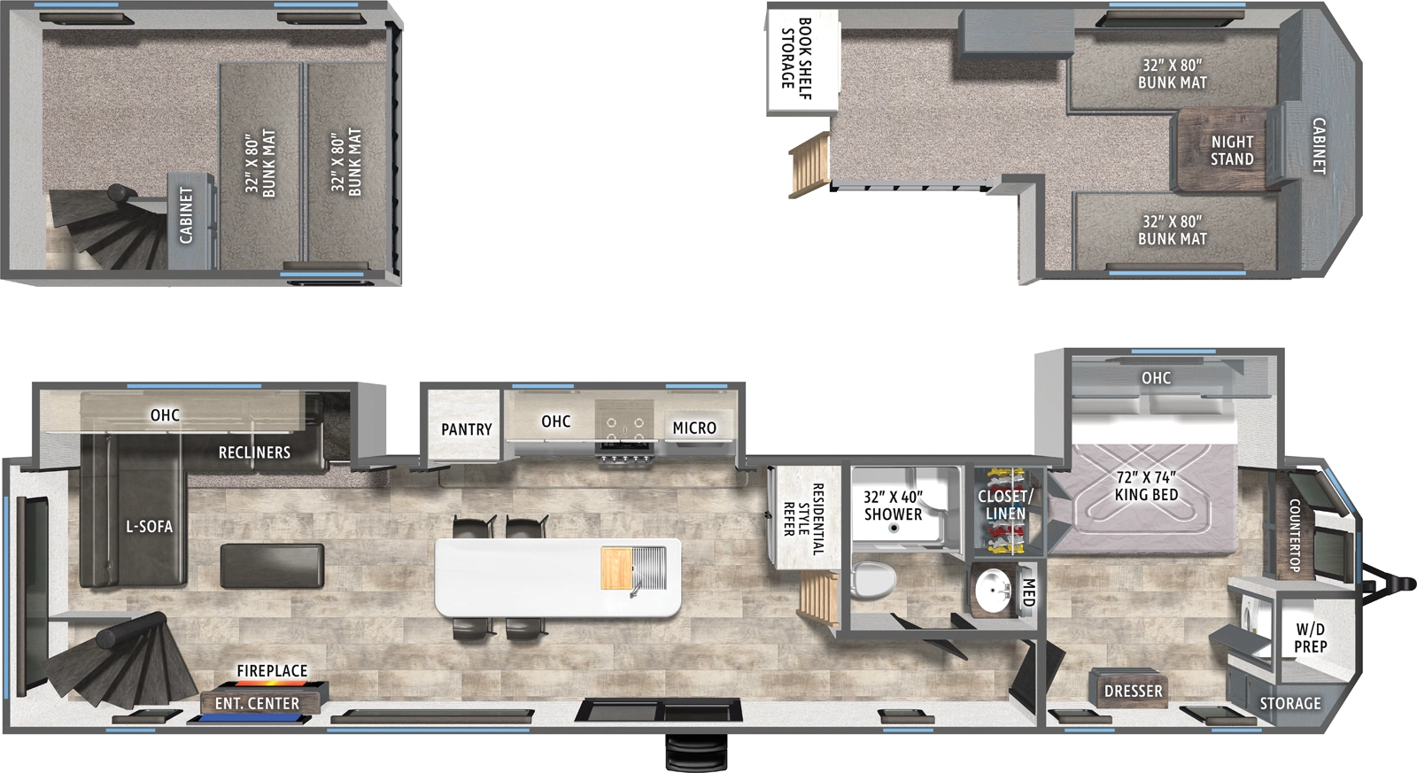 The Puma Vista 423LFT floorplan has one entry and three slide outs. Exterior features include: metal exterior. Interiors features include: loft, kitchen island, front bedroom and rear living.